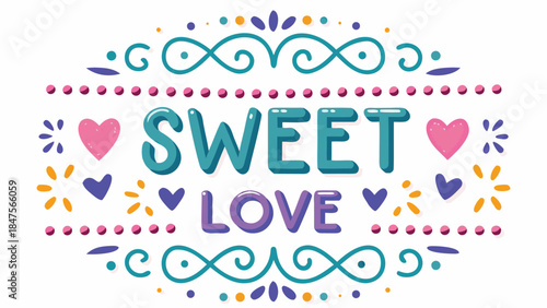 Sweet love in pink and teal with 3d effect colorful hearts and decorative swirls graphic