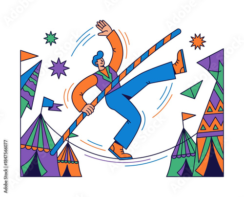 Vibrant flat vector illustration capturing a dynamic tightrope walker at a whimsical circus festival, expertly balancing with exaggerated movement and cheerful energy among colorful tents
