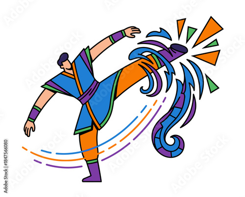 Dynamic flat vector illustration of an athlete executing a powerful high kick, featuring exaggerated proportions and vibrant, energetic splash effects, symbolizing strength and agility