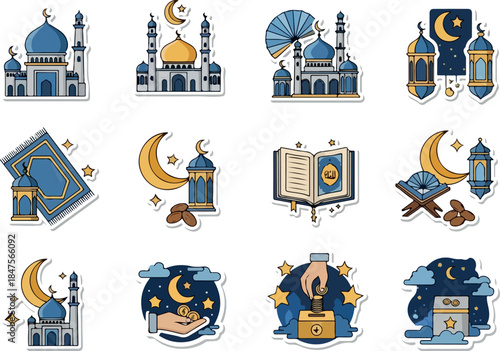 Ramadan Kareem Islamic Sticker Set with Mosque, Lantern and Quran