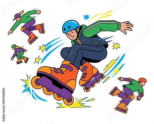 Dynamic illustration of people enjoying rollerblading with energetic movements and vibrant colors