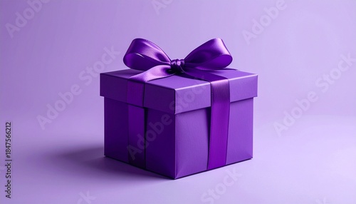 Purple gift box with matching ribbon bow, smooth surface, gradient background, elegant monochrome style.