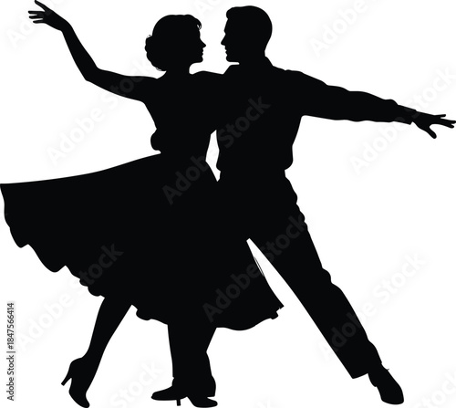 Elegant ballroom dance silhouette of romantic couple performing graceful tango waltz movement passion black vector illustration design for stock content