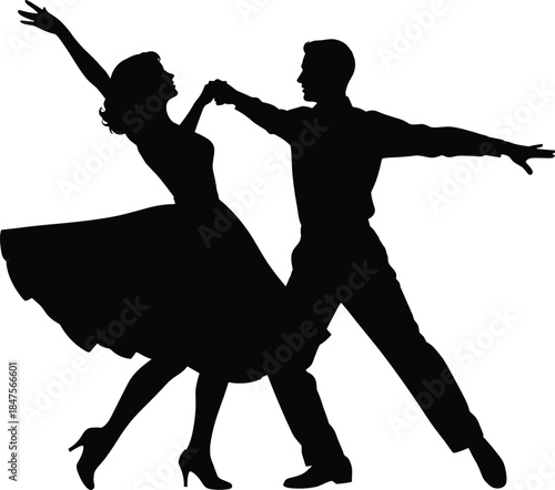 Elegant ballroom dance silhouette of romantic couple performing graceful tango waltz movement passion black vector illustration stock design content artwork
