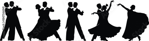 Elegant ballroom dance silhouettes collection featuring couples performing classic waltz tango foxtrot poses isolated black vector illustration set