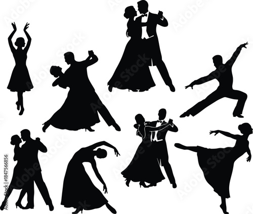 Elegant ballroom dance silhouettes collection featuring couples and solo performers expressing grace, movement, romance, classical performance, and artistic choreography poses