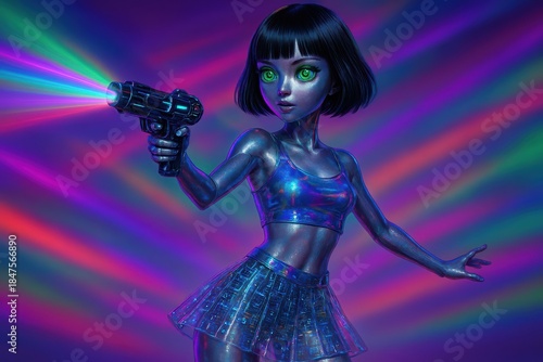 Cute Stylized Android Girl Character Holding a Rainbow Laser Blaster