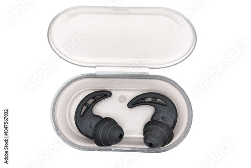 Ear plugs stored in a case for sound protection