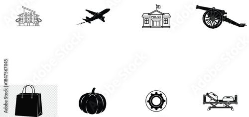 Illustration of set of black silhouette icons building, airplane, police station, cannon, handbag, pumpkin, gear, stretcher