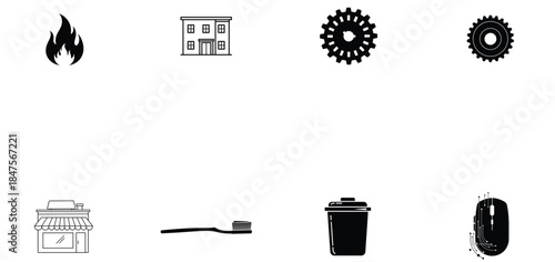 Illustration of set of eight black and white outline and solid icons for web and app design
