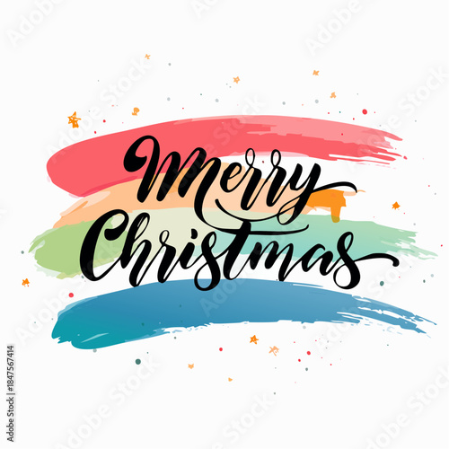 Hand-painted Merry Christmas lettering with colorful brush strokes and festive confetti, celebrating the holiday season