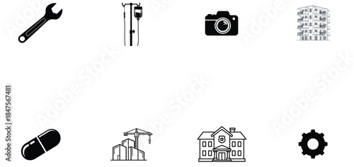 Illustration of set of eight black and white icons representing industry, medicine, technology, and education