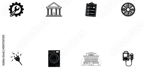Illustration of set of black and white icons for repair, finance, energy, automotive, appliances, and medical services