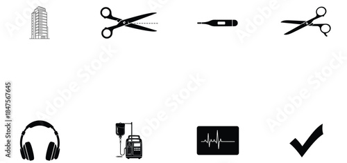 Illustration of set of black and white icons building, scissors, thermometer, headphones, iv drip, heartbeat, checkmark