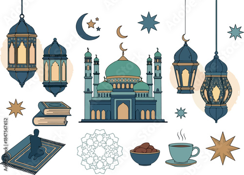 Islamic Culture Mosque, Lanterns, Crescent, and Prayer Mat Illustration