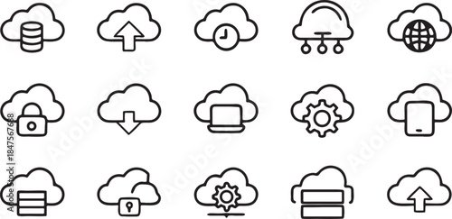 Set of minimalist cloud computing icons featuring data storage network services and security ideal for web and mobile applications
