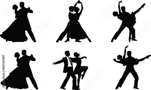Elegant ballroom dance silhouettes set featuring couples performing tango waltz and ballroom poses isolated black vector illustration collection