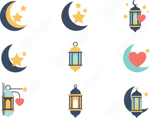 Ramadan Icons Crescent Moons, Stars, Lanterns Vector Graphics