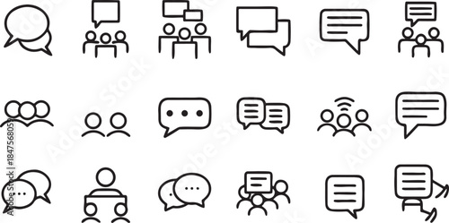 Modern vector icon set for communication and chat including speech bubbles and group discussion symbols perfect for web UI mobile apps and social media