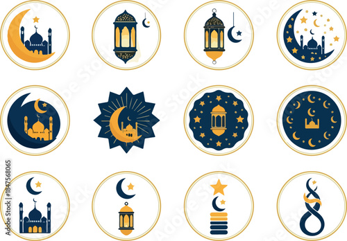 Ramadan Icons Crescent Moons, Stars, and Lanterns for Islamic Holiday Season