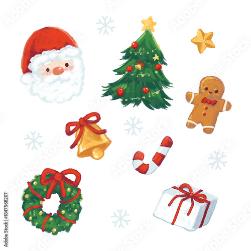 Hand Drawn Christmas Elements Set with Santa and Ornaments