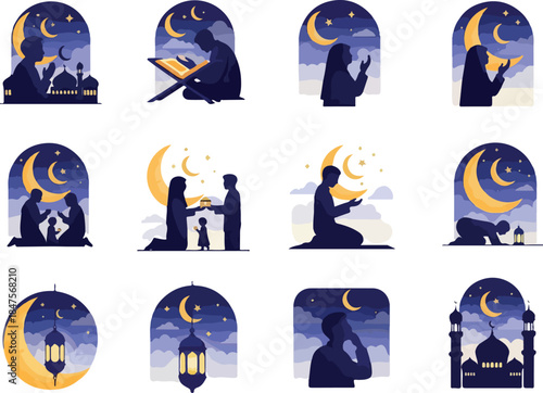 Ramadan Night Prayer Icon Set Celebrating Islamic Traditions with Crescent Moon