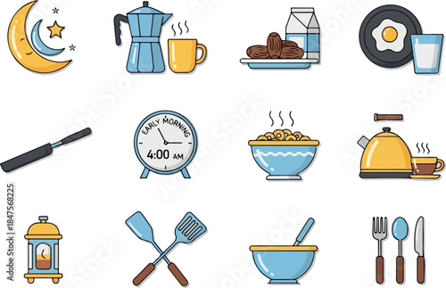 Morning Breakfast Icons Set Food, Time, and Kitchen Utensils