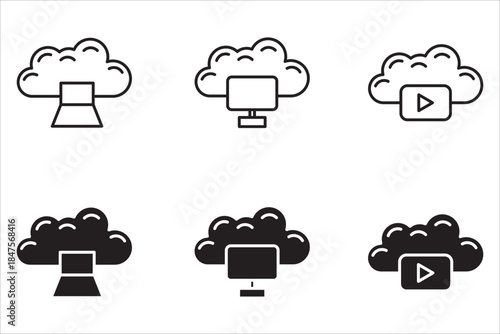 Black and white network cloud storage icon set. Technology, AI, computer, mobile phone, white background vector illustration editable