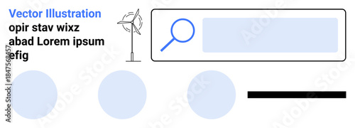 Web design, data search, navigation tools, user interface, online browsing, research. Magnifying glass and abstract elements. Web design and data search concept