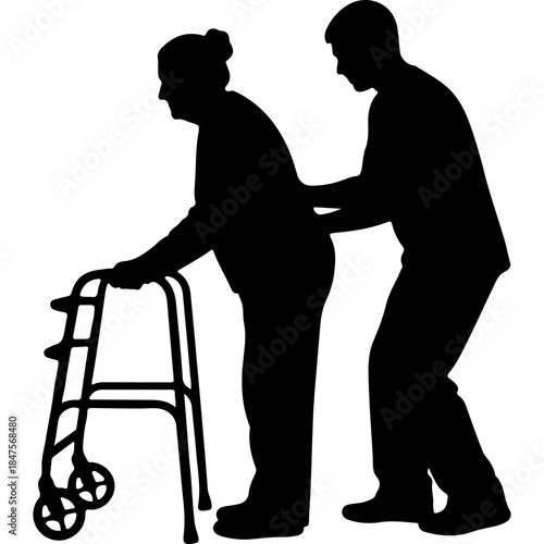 Elderly woman assisted by caregiver with transparent background