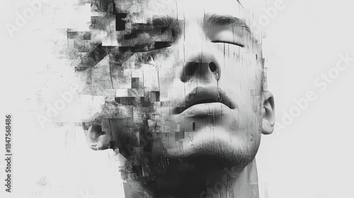 Abstract concept of male regression, face digitally degrading in glitch style, grayscale palette on white background.