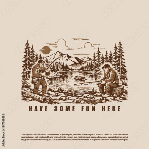 Vintage Bigfoot or Yeti Fishermen Camping by Mountain River Illustration