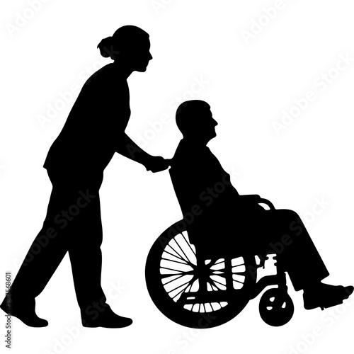 Caregiver assisting person in wheelchair with transparent background
