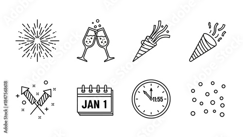 New year celebration party elements icon set fireworks champagne cheers countdown hat confetti trumpet festive holiday excitement fun vector illustration