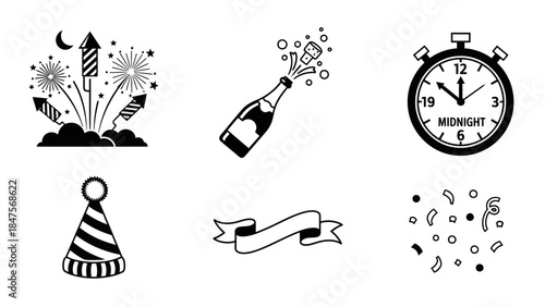 Celebration new year eve party icon collection fireworks champagne countdown party hat banner confetti festive holiday event excitement vector illustration