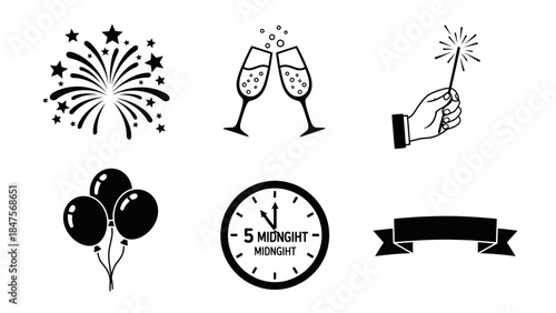 New year icon set with party elements such as firework, champagne glasses, balloons, sparkler, clock and happy banner celebration line drawing style for holiday