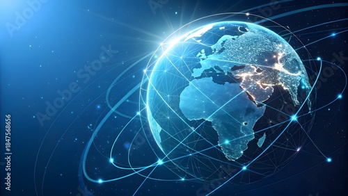 Digital glowing earth globe with network connections and light streaks symbolizing global communication, technology, and worldwide data transfer in a dark blue abstract background