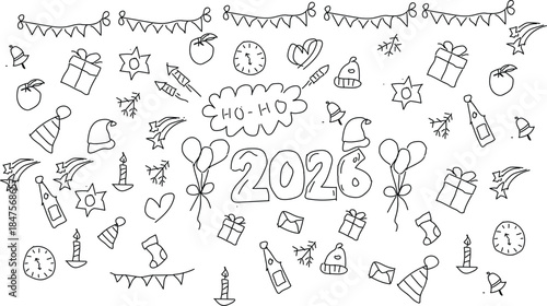 Hand drawn chalk vintage new year set. Whimsical Christmas dinner table decor candles, charcuterie, wine or champagne. Retro vintage ink holiday menu elements. La dolce vita vector illustration