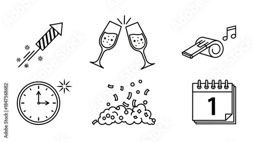 New year celebration set with firework rocket, toasting wine glasses, whistle noisemaker, clock, falling confetti and january 1 tear off calendar vector outline