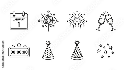 Happy new year set with january 1 calendar, fireworks, two toasting glasses, digital countdown clock, party hats and confetti stars vector outline illustration