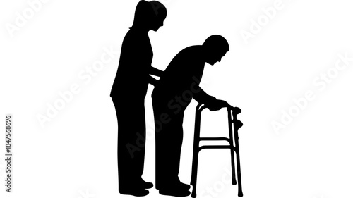 Caregiver assisting senior woman with walker with transparent background