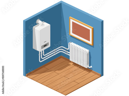 An isometric view of a blue room corner displays a white wall-mounted gas boiler connected via three parallel pipes to a heating radiator, contrasted by a wooden floor and a framed picture