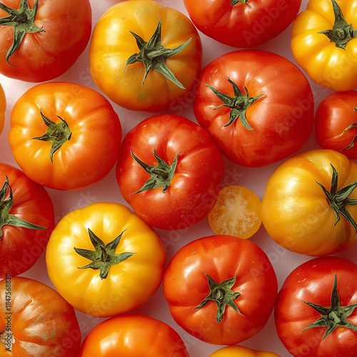 Red, yellow, and green tomatoes with vibrant hues and slight sheen, lying on a pristine white background, captured from a direct top view, rendered as a super realistic photo with intricate details