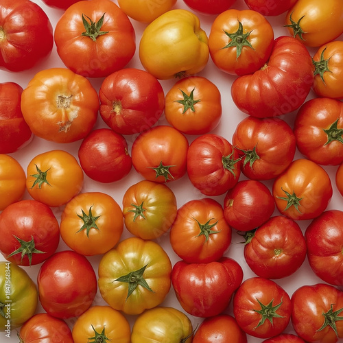 Red, yellow, and green tomatoes with vibrant hues and slight sheen, lying on a pristine white background, captured from a direct top view, rendered as a super realistic photo with intricate details