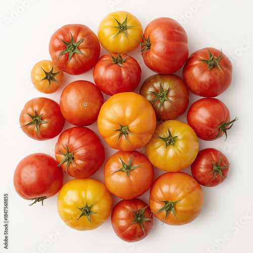 Red, yellow, and green tomatoes with vibrant hues and slight sheen, lying on a pristine white background, captured from a direct top view, rendered as a super realistic photo with intricate details