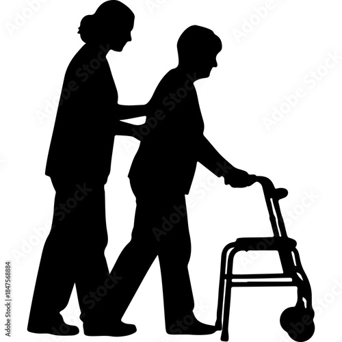 Elderly man walking with caregiver with transparent background