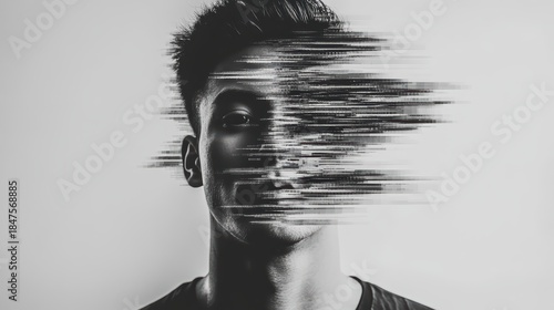 Stylized black and white glitch portrait of a man, half of the face lost to digital regression, set on a pure white field.