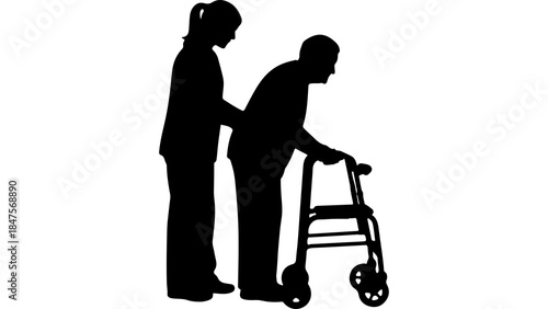 Caregiver assisting senior man with walker with transparent background