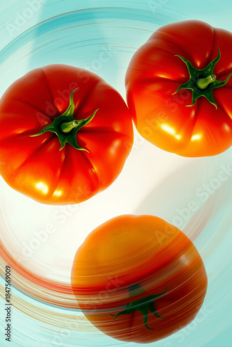 Red, yellow, and green tomatoes with vibrant hues and slight sheen, lying on a pristine white background, captured from a direct top view, rendered as a super realistic photo with intricate details
