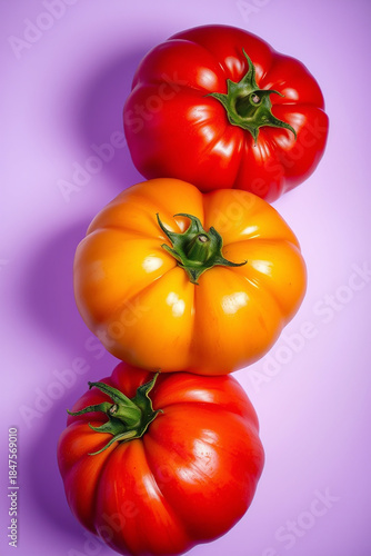 Red, yellow, and green tomatoes with vibrant hues and slight sheen, lying on a pristine white background, captured from a direct top view, rendered as a super realistic photo with intricate details